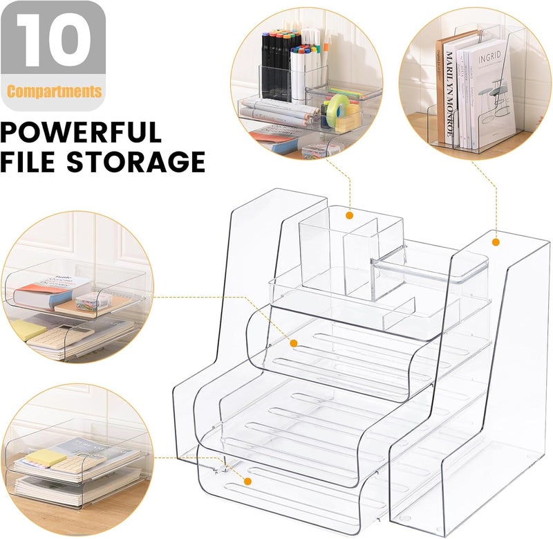 CiWiVOKi Desk Organizer with 2 Vertical File Holder, 4 Tier Stackable Paper Letter Tray File Organizer with 5-Compartments Pen Holder, Clear Desktop Organizer Office Organization and Storage - Image 5